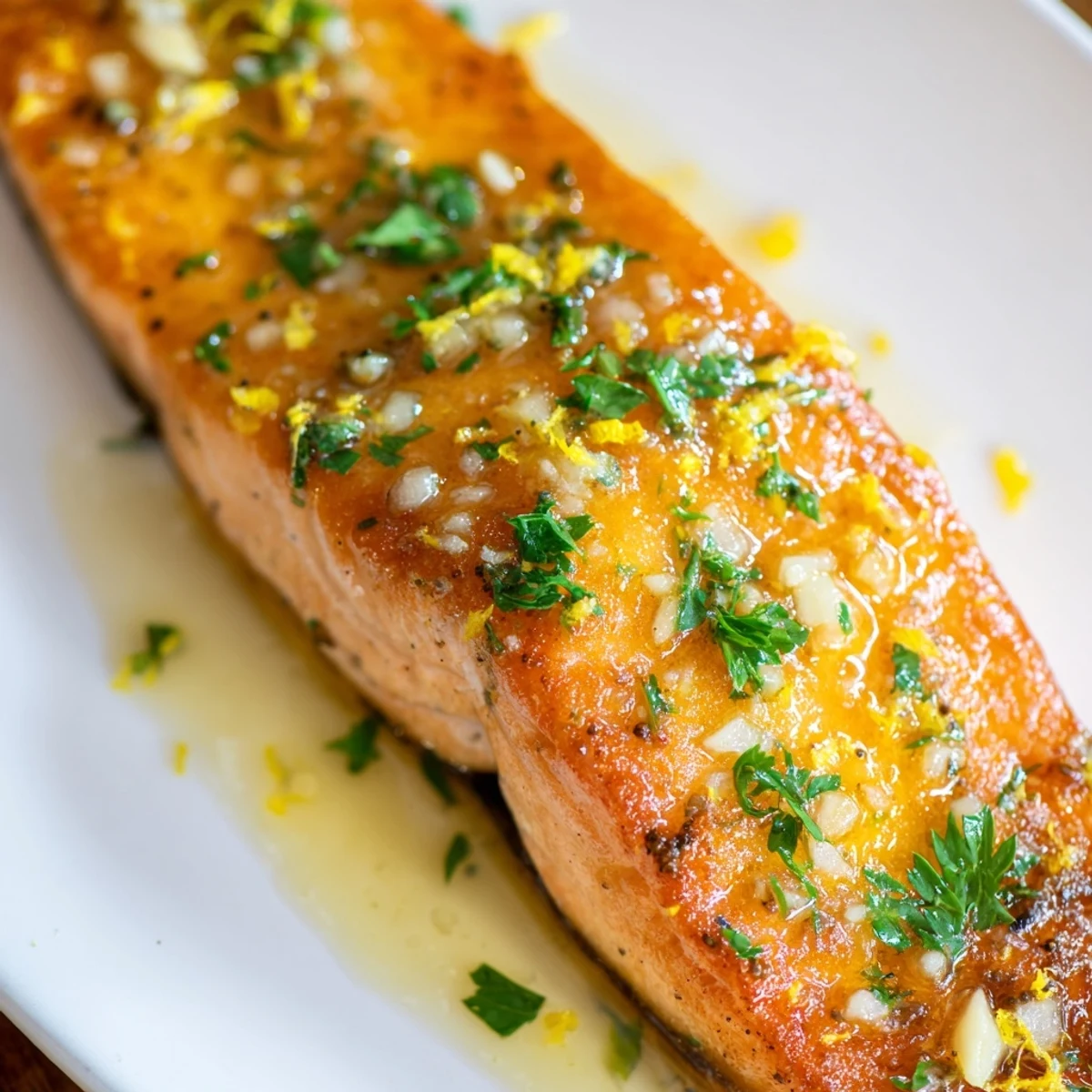 Succulent salmon served with garlic butter sauce and fresh herbs on a white plate