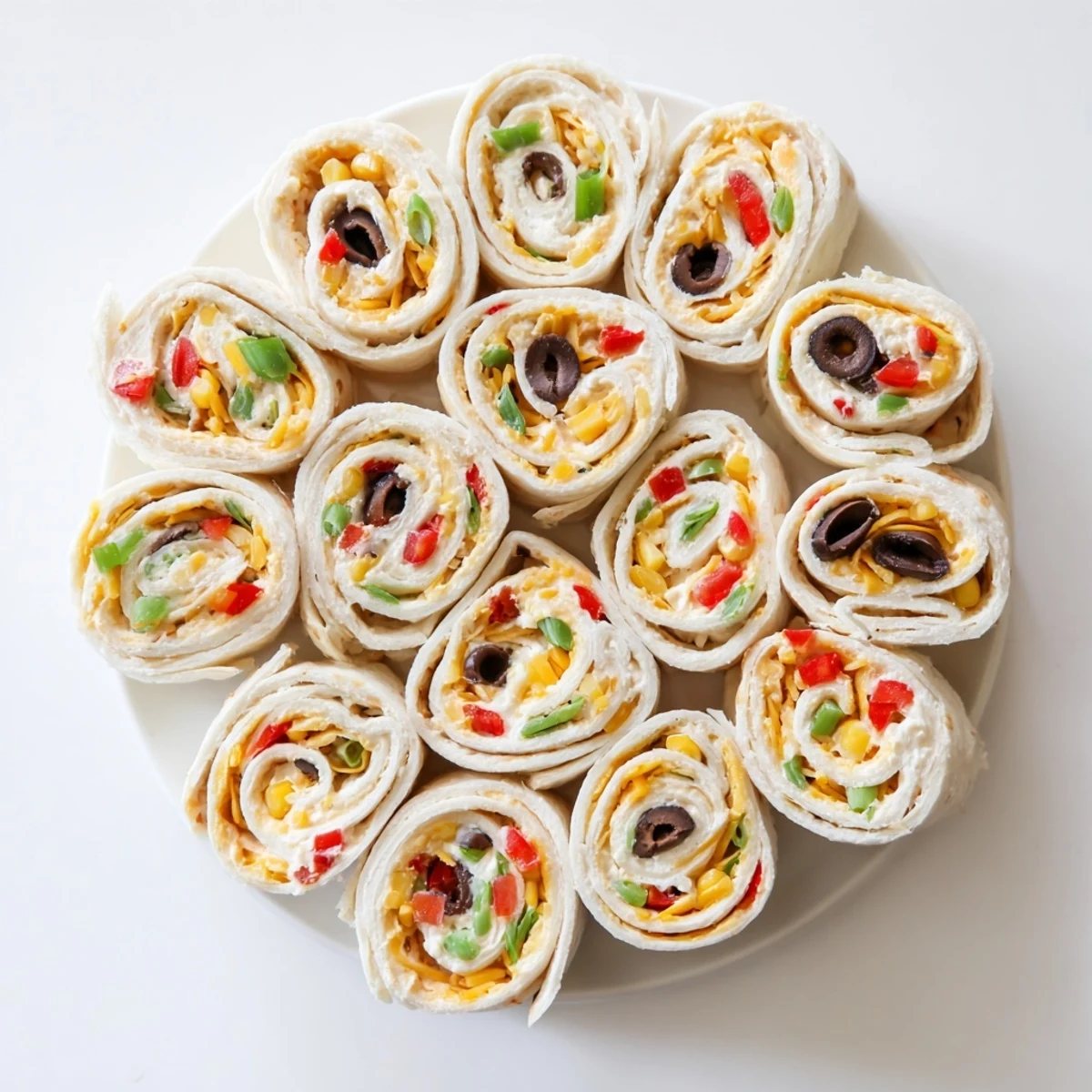 Taco cream cheese pinwheels featuring colorful diced peppers and cheddar in spiral sliced tortilla rolls