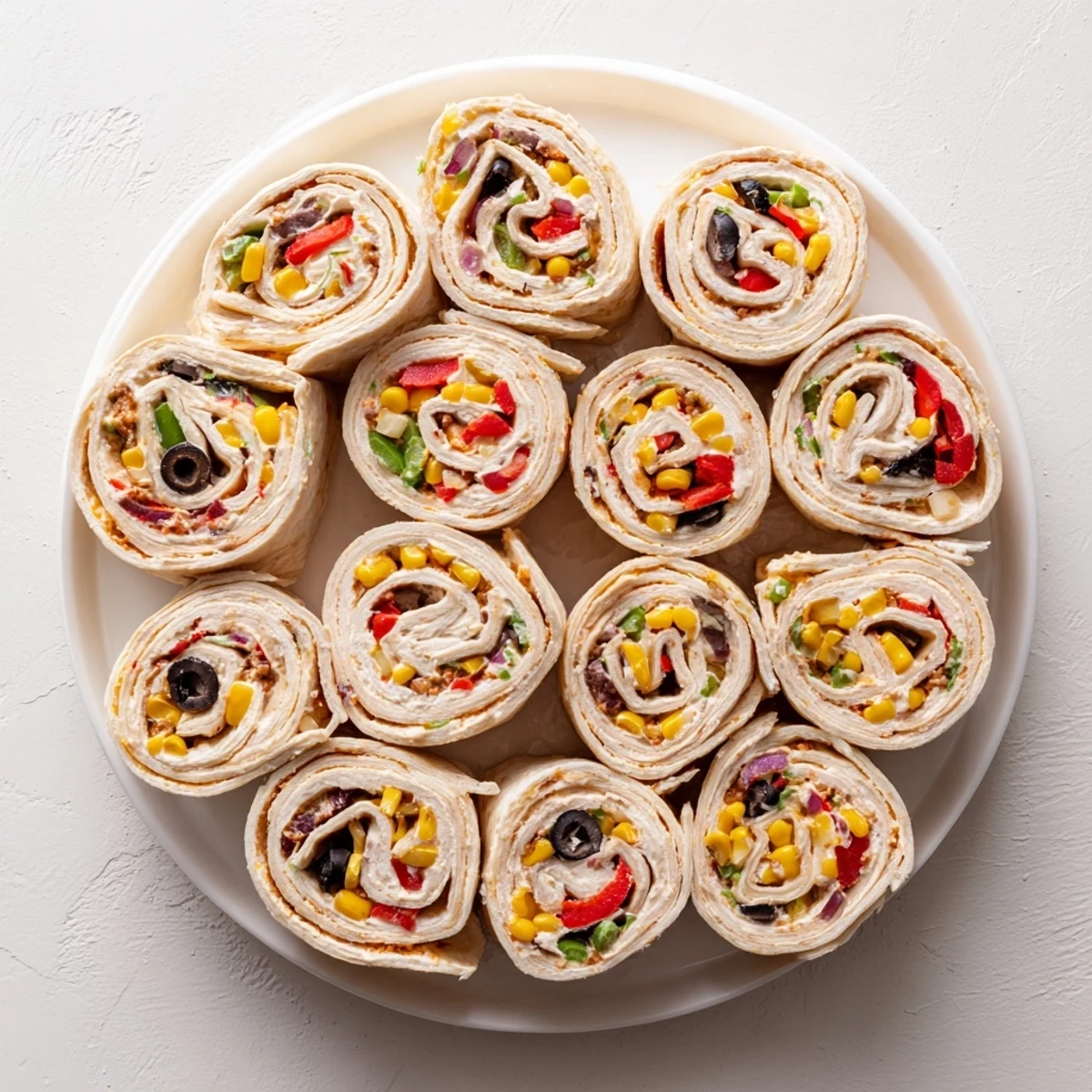Easy taco cream cheese pinwheels arranged on party platter with vibrant vegetable filling visible