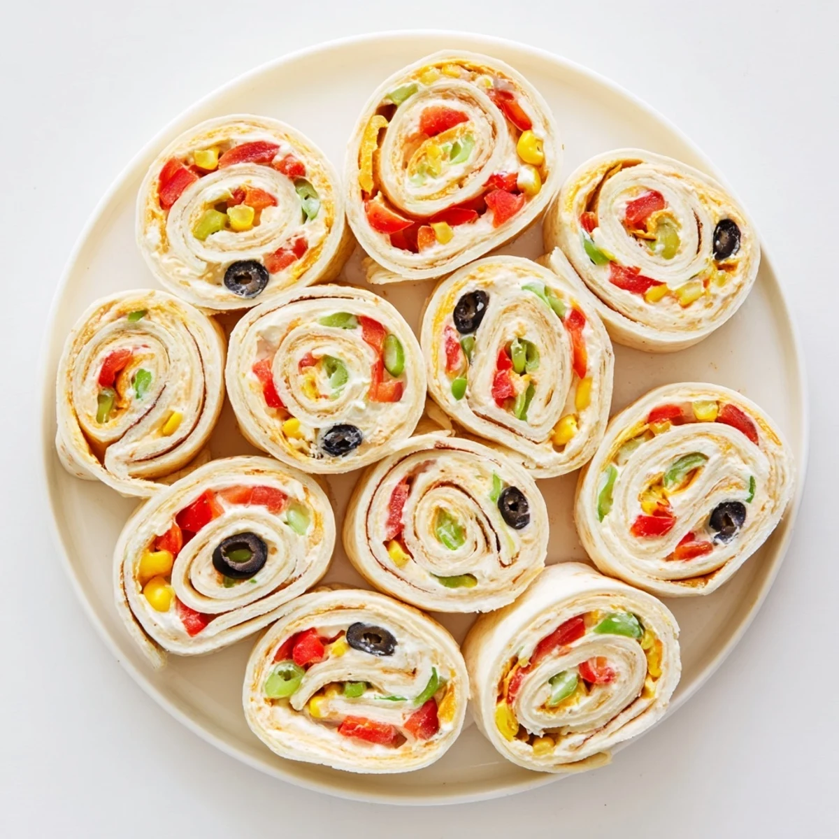 Spiral cut taco cream cheese pinwheels showcasing layers of seasoned spread, corn, and melted cheddar