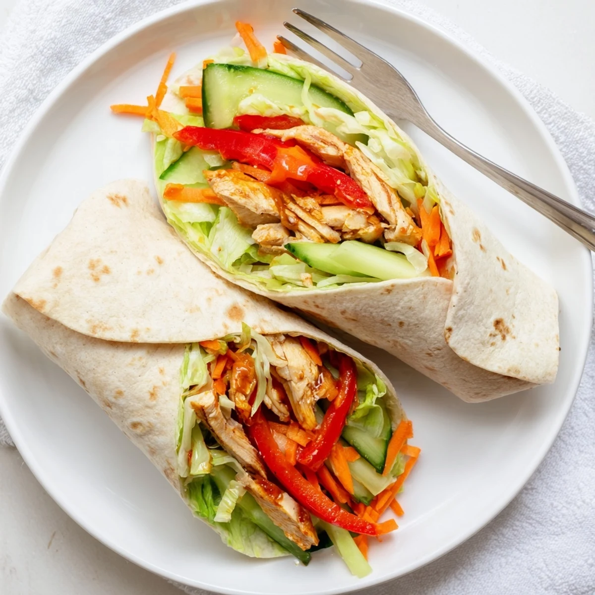 Golden chicken strips wrapped in flour tortillas with crisp vegetables and sweet chili sauce