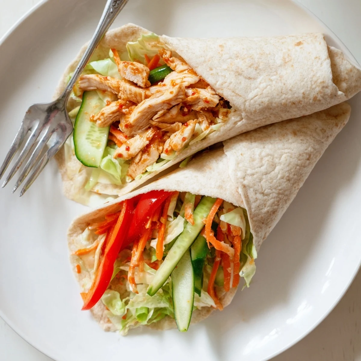Sliced wrap revealing tender seasoned chicken crunchy vegetables and tangy sweet chili glaze inside