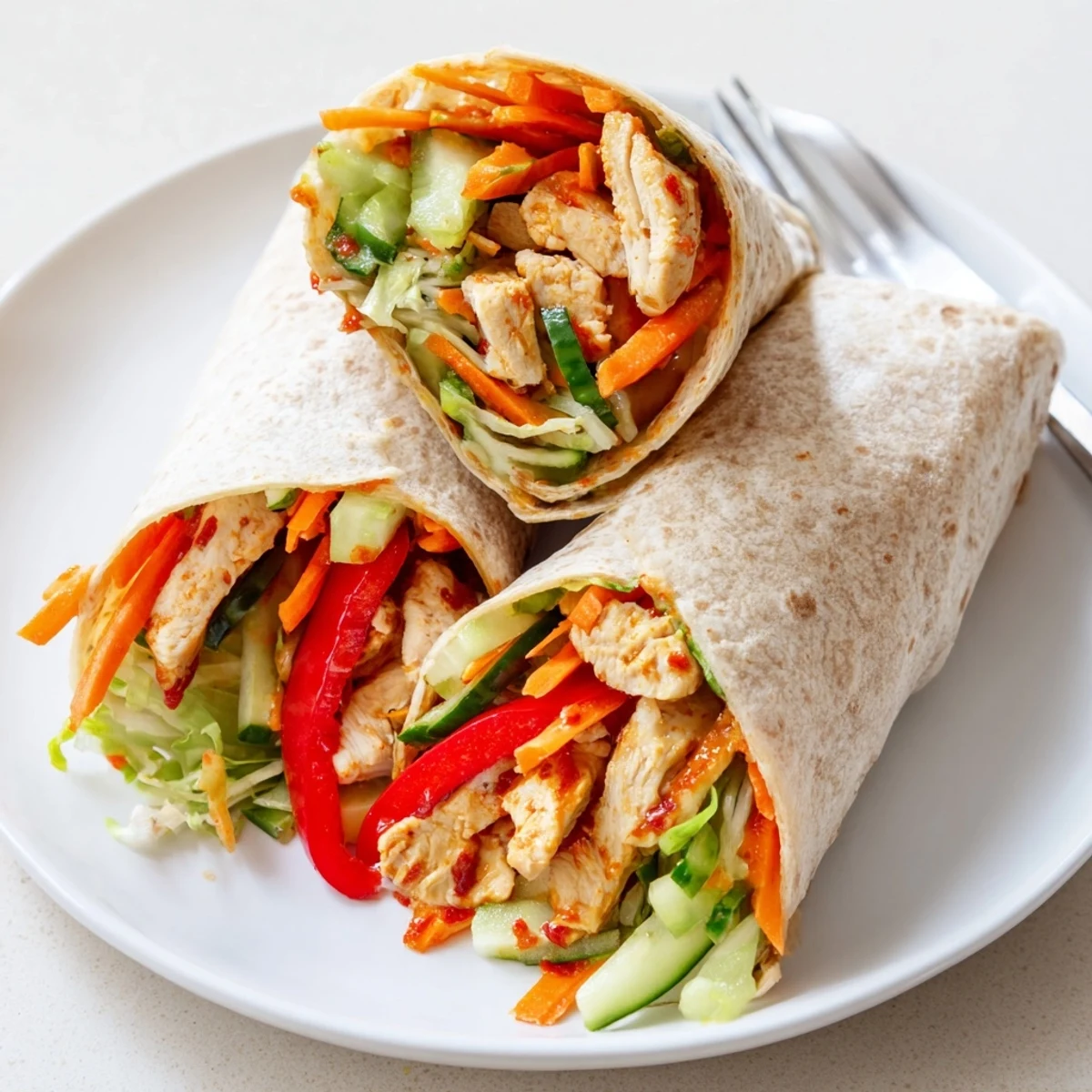 Hand-held sweet chili chicken wraps filled with colorful julienned carrots bell peppers and lettuce