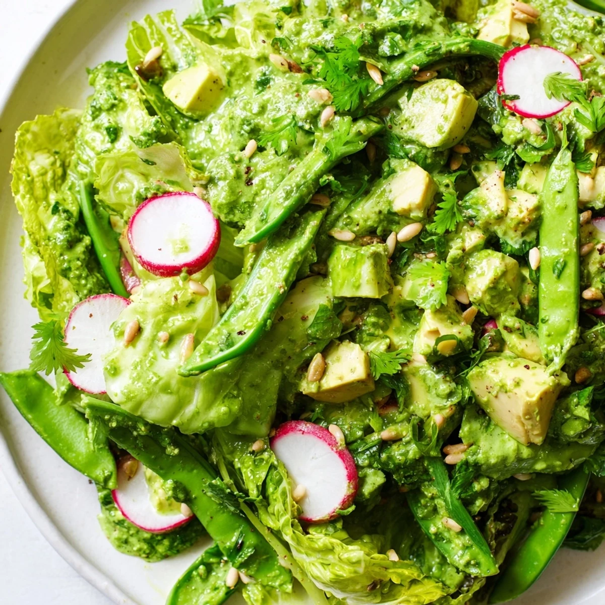 Vibrant Green Goddess Salad featuring colorful cucumbers, snap peas, and radishes tossed with tangy herbed dressing in white bowl