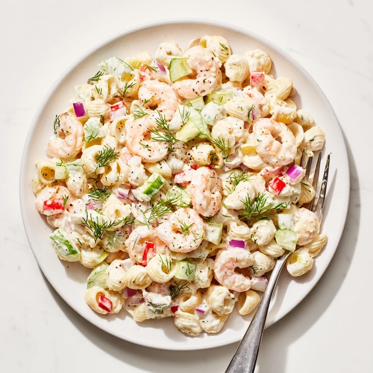 Refreshing cold pasta salad with succulent shrimp, colorful diced vegetables, and rich creamy coating