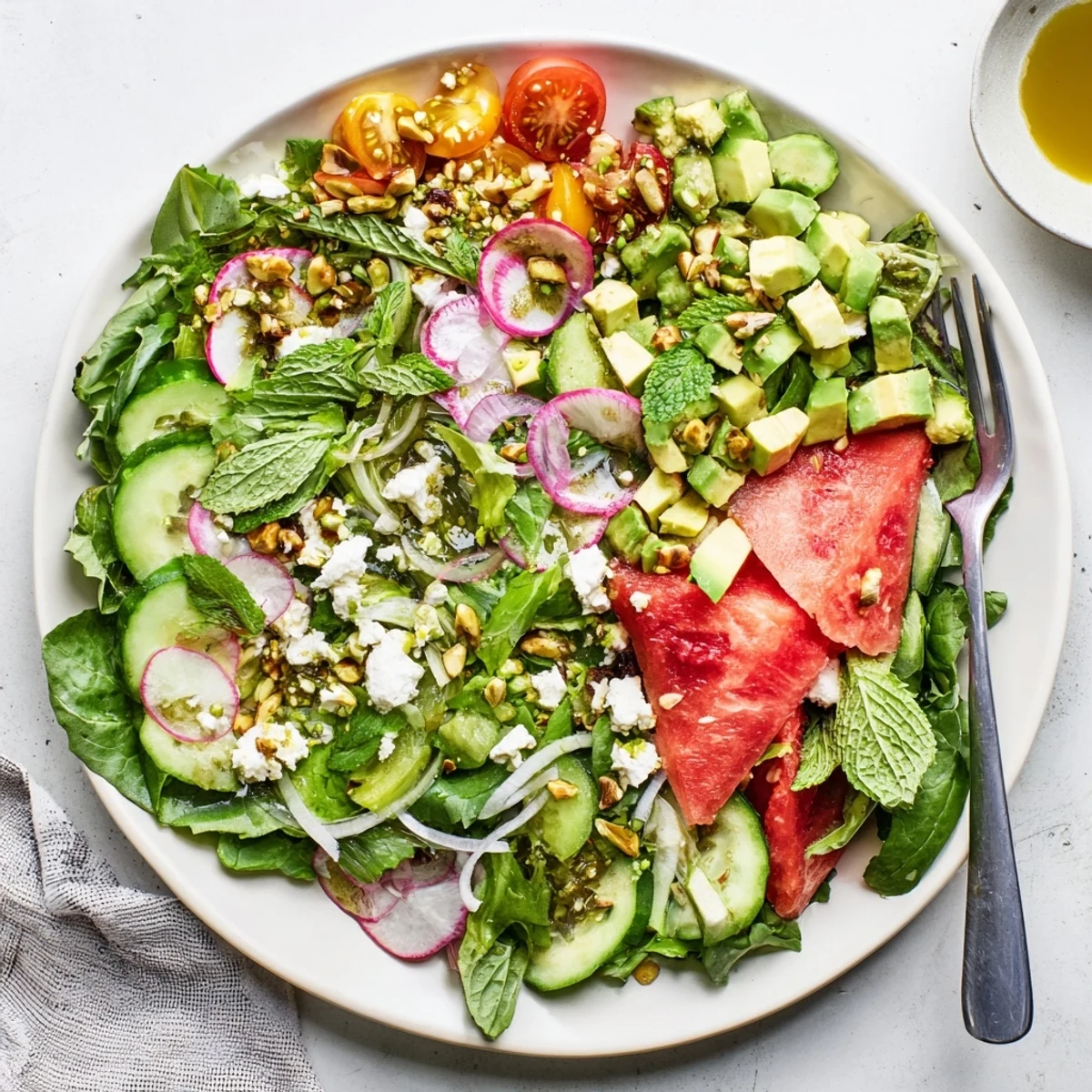 Colorful Ultimate Summer Salad bowl with juicy watermelon, feta cheese, and fresh mint leaves drizzled with zesty lemon vinaigrette