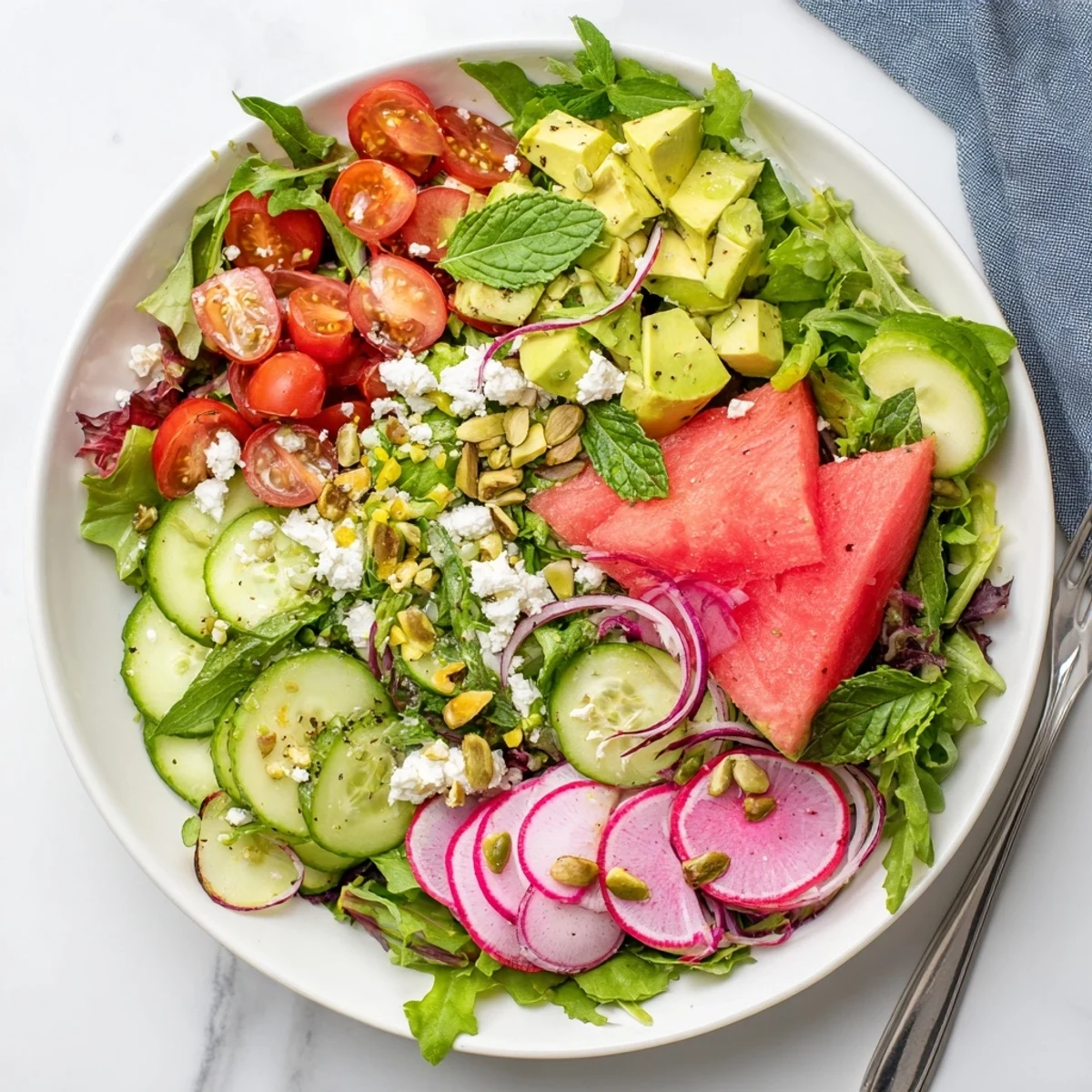 Refreshing Ultimate Summer Salad toss with crisp cucumber, radishes, basil, and crumbled feta glistening under golden olive oil dressing