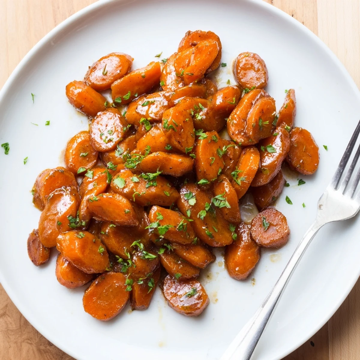 Glossy brown sugar glazed carrots in a white serving bowl with fresh parsley sprinkled on top