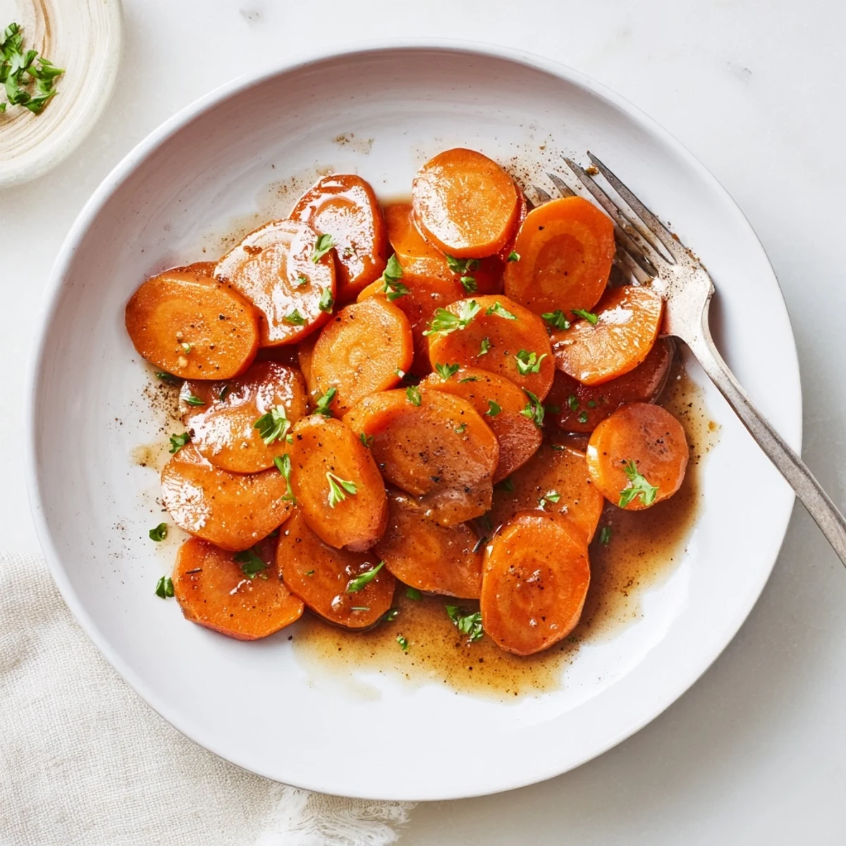 Tender carrot slices coated in a rich buttery brown sugar glaze on a rustic wooden table