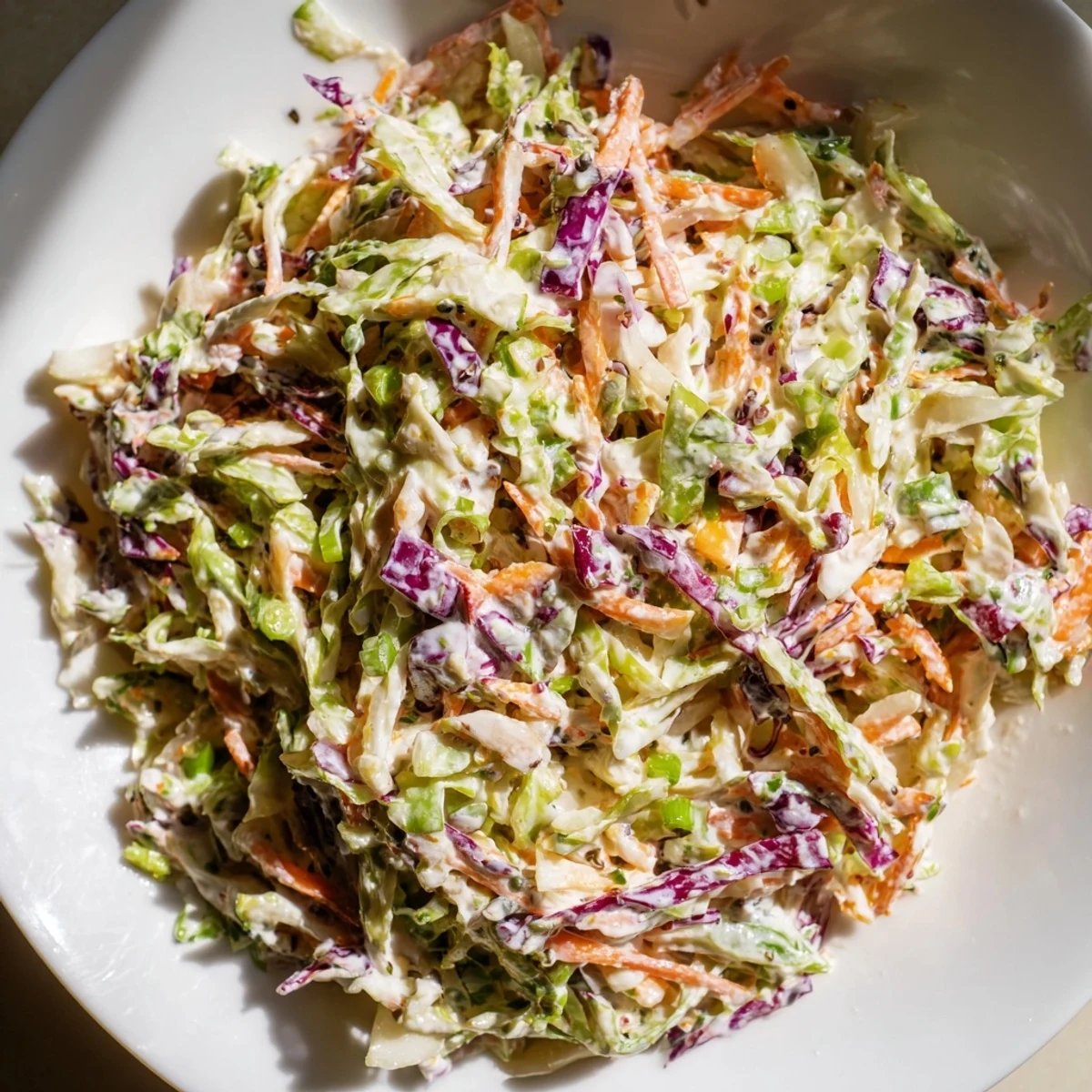 Colorful bowl of easy creamy coleslaw featuring green and red cabbage with shredded carrots