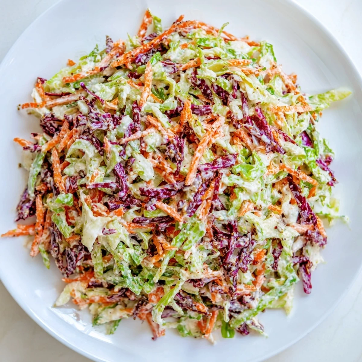 Fresh crisp coleslaw mixture with orange carrots and purple red cabbage in tangy mayonnaise dressing