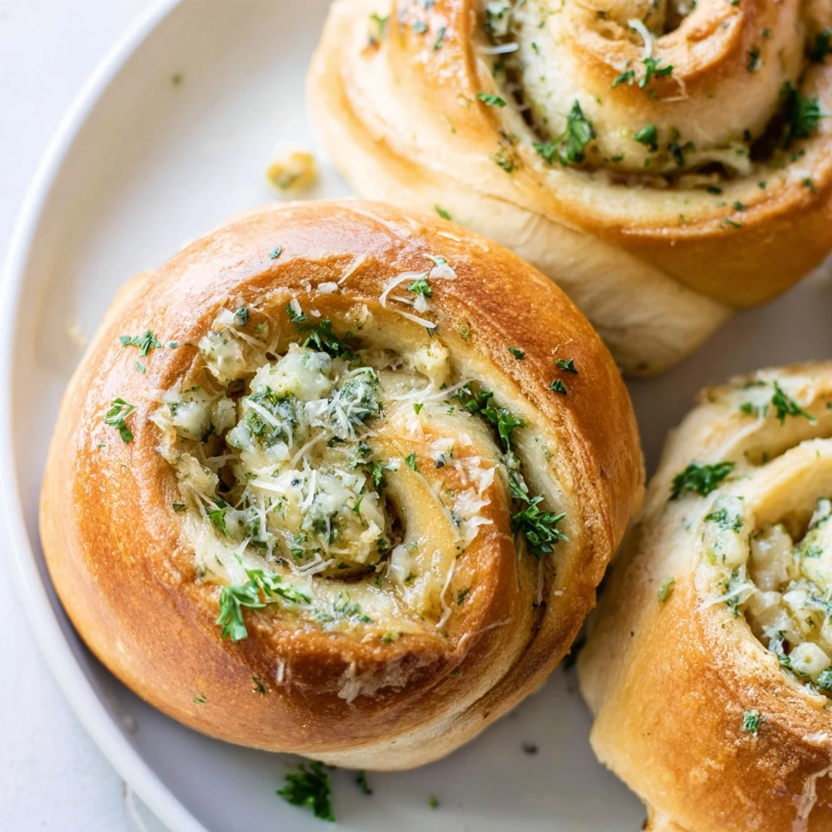 Golden brown garlic bread rolls fresh from the oven with melted parsley butter