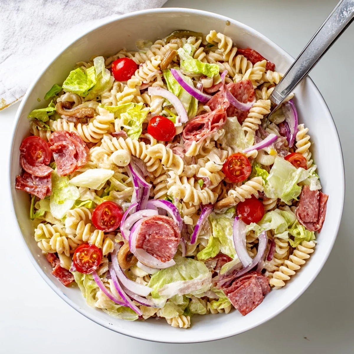 Colorful grinder pasta salad bowl mounded with rotini, salami, provolone, and crisp cherry tomatoes in creamy zesty dressing