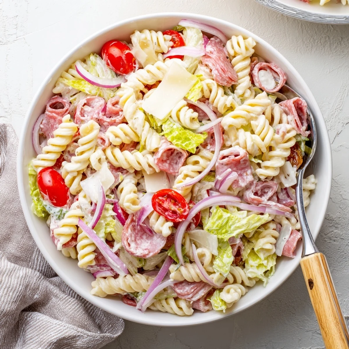 Vibrant chilled grinder pasta salad loaded with italian meats, shredded lettuce, red onion, and provolone in herb mayonnaise dressing