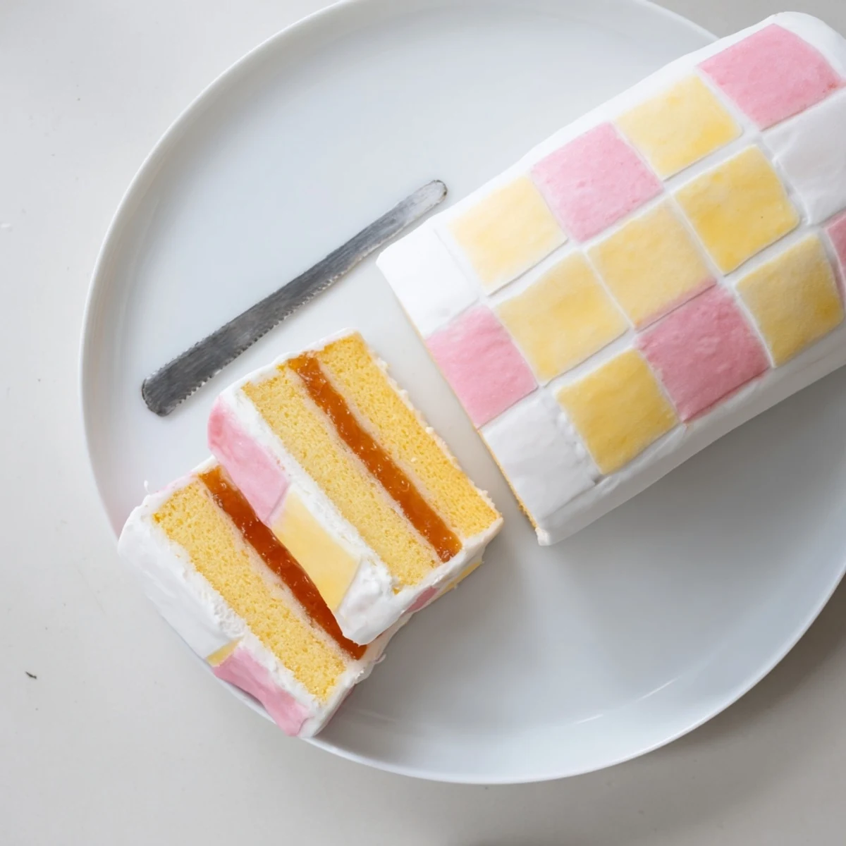 Classic Battenberg Cake displaying pink and yellow checkerboard sponge wrapped in smooth white marzipan
