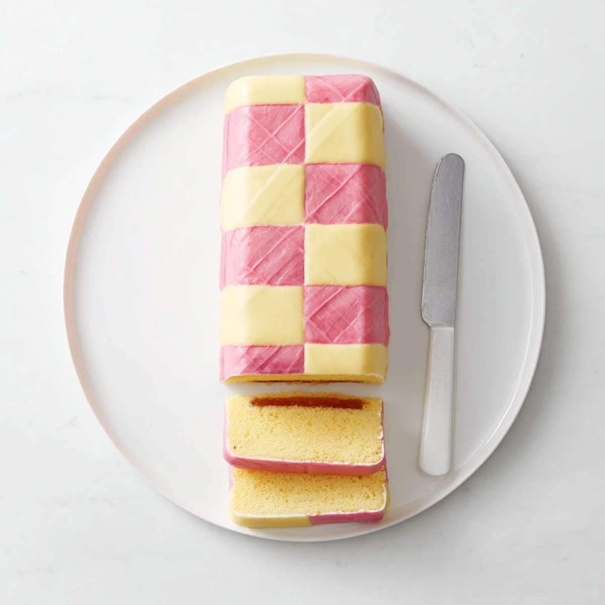 British Battenberg Cake slice revealing alternating colored squares sandwiched with apricot jam and almond coating