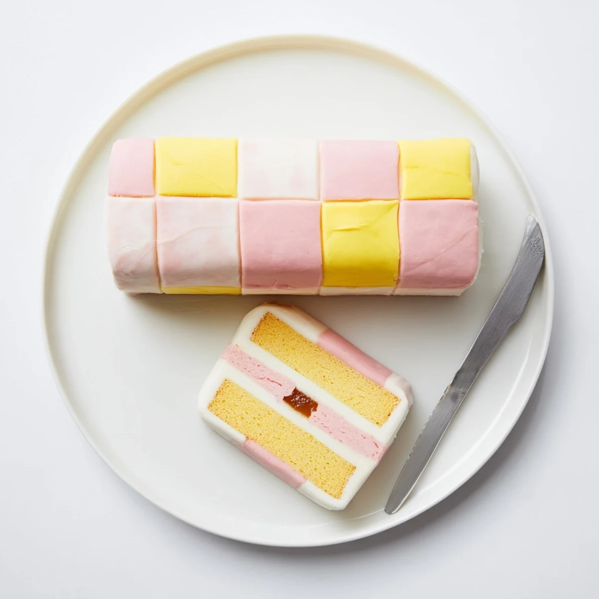 Homemade Battenberg Cake featuring soft pink and yellow sponge cubes encased in sweet marzipan covering
