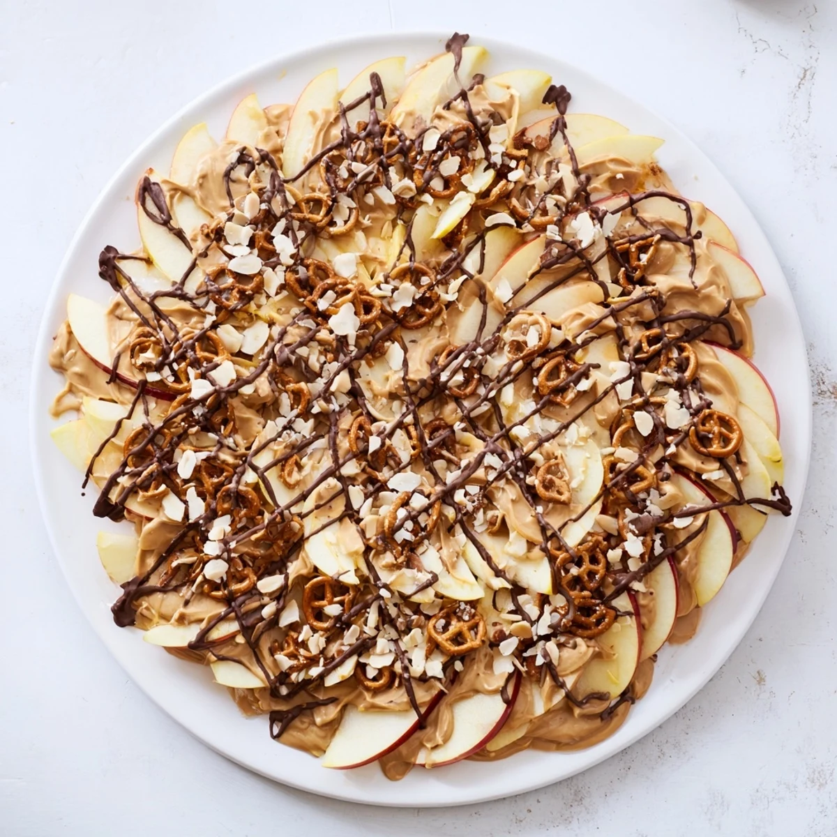 Fresh apple slices arranged on a platter drizzled with melted peanut butter and chocolate