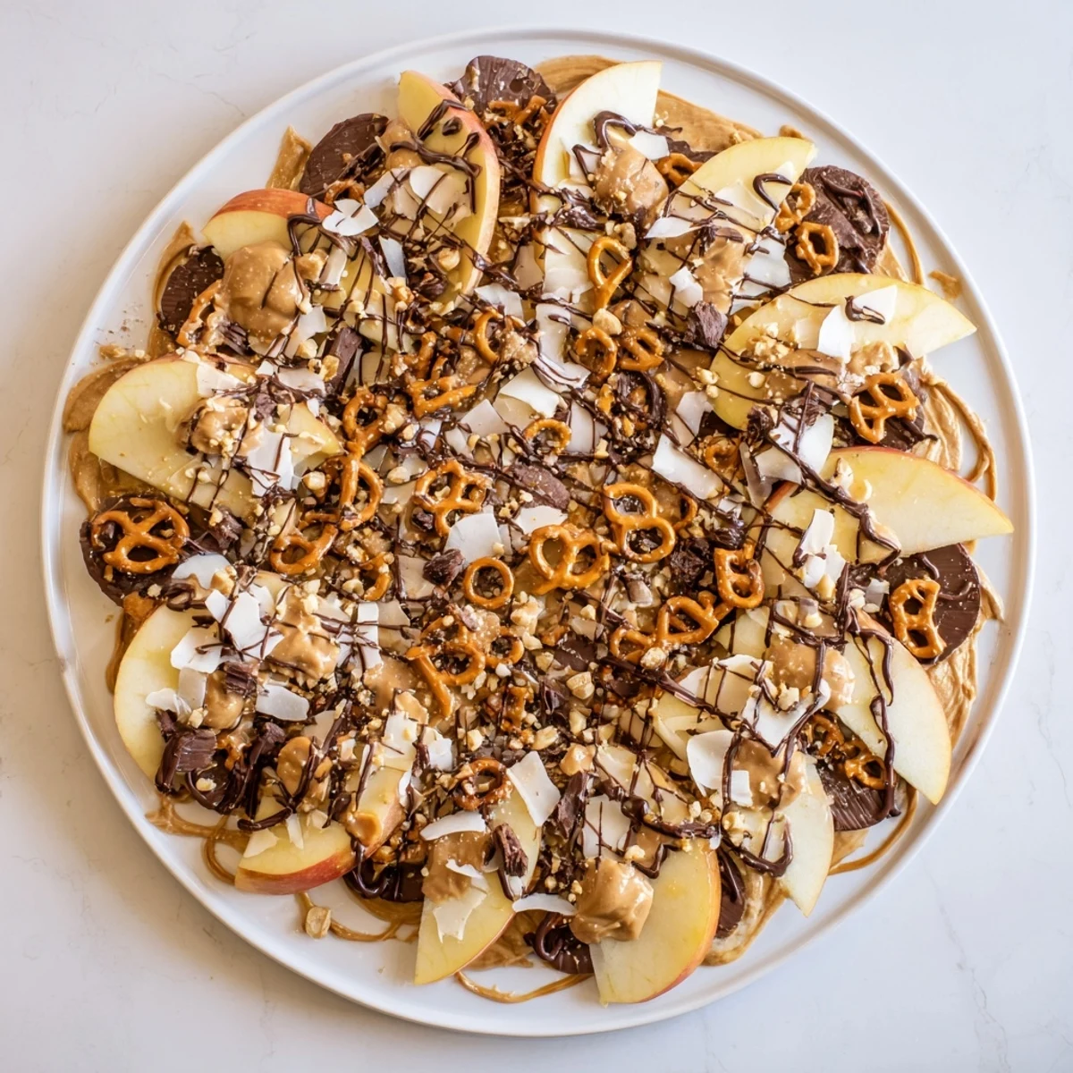 Crisp apple wedges topped with warm peanut butter chocolate and various crunchy toppings