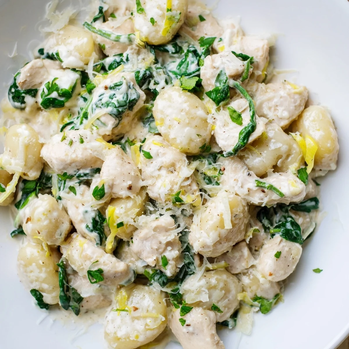 Golden chicken and pillowy gnocchi simmered in bright lemon garlic sauce with fresh herbs