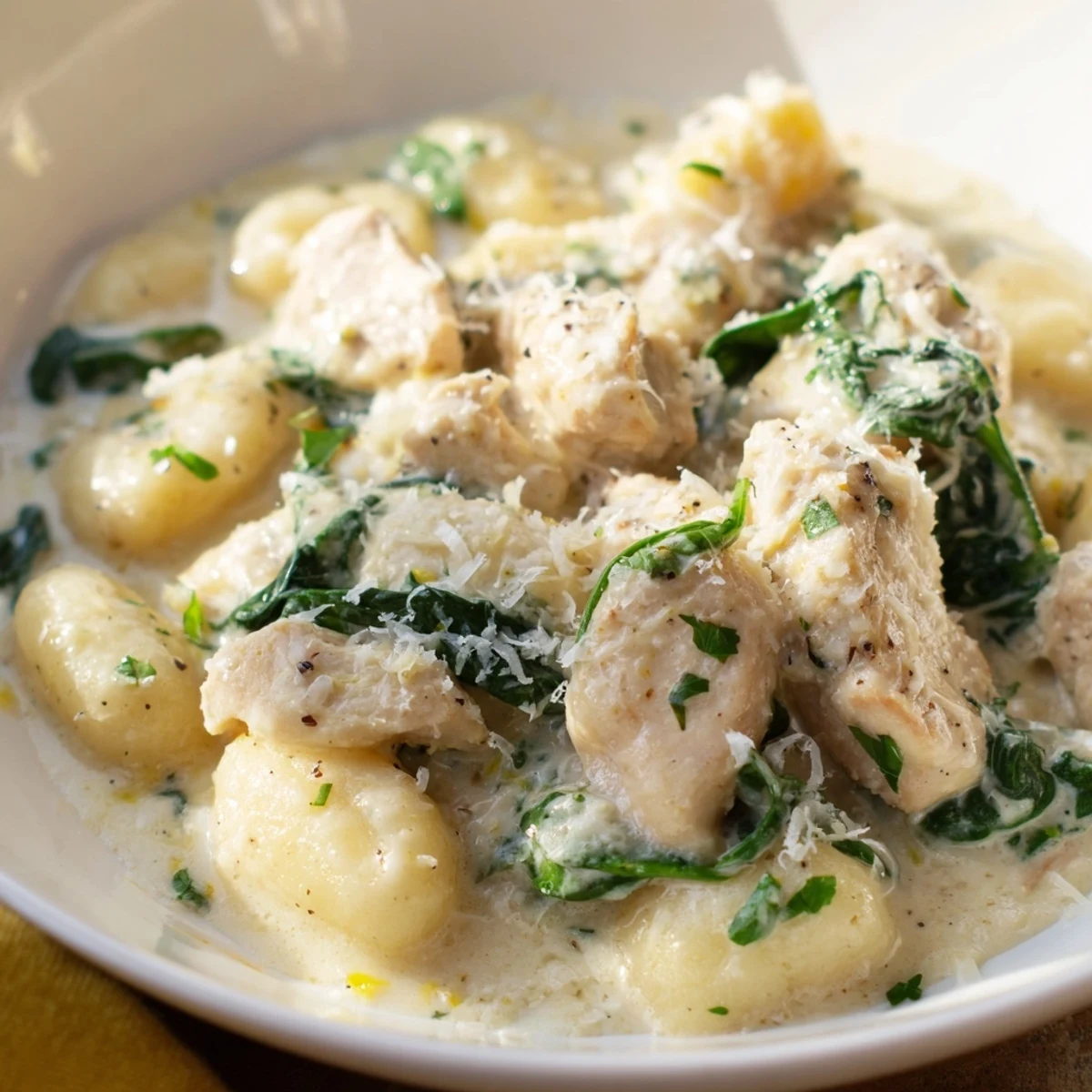 Sizzling skillet of one pan lemon chicken gnocchi topped with wilted spinach and parsley