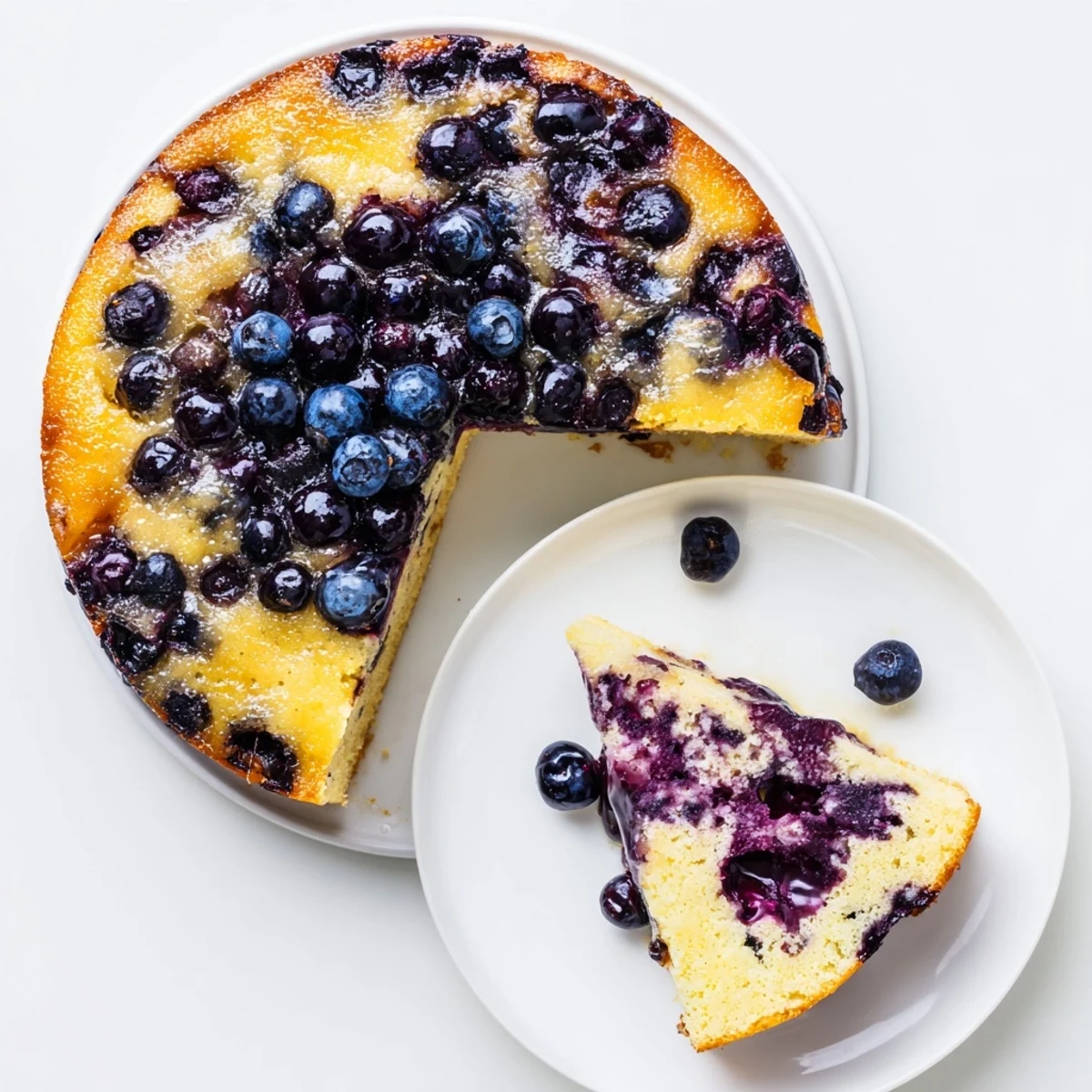 Moist buttery blueberry upside down cake crowned with glistening caramelized fresh berries