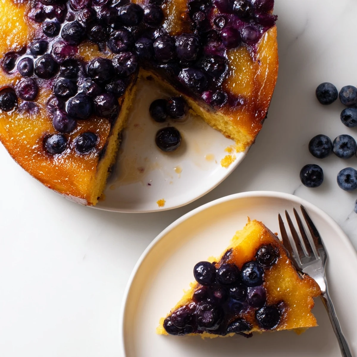 Golden blueberry upside down cake with caramelized fruit topping on a serving plate
