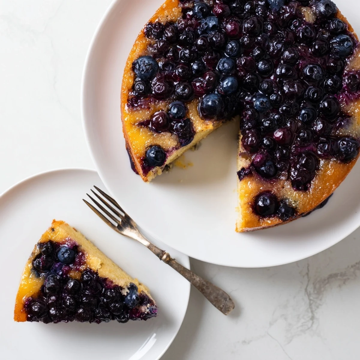 Slice of homemade blueberry upside down cake showing tender crumb and juicy fruit layer