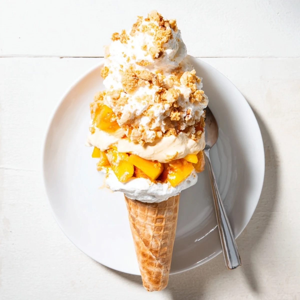 Crispy waffle cone overflowing with creamy cheesecake filling topped with warm cinnamon peaches