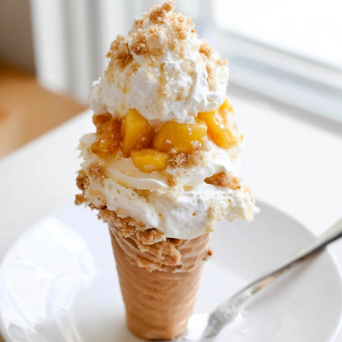 Golden waffle cone packed with layered peach cobbler cheesecake and whipped cream topping