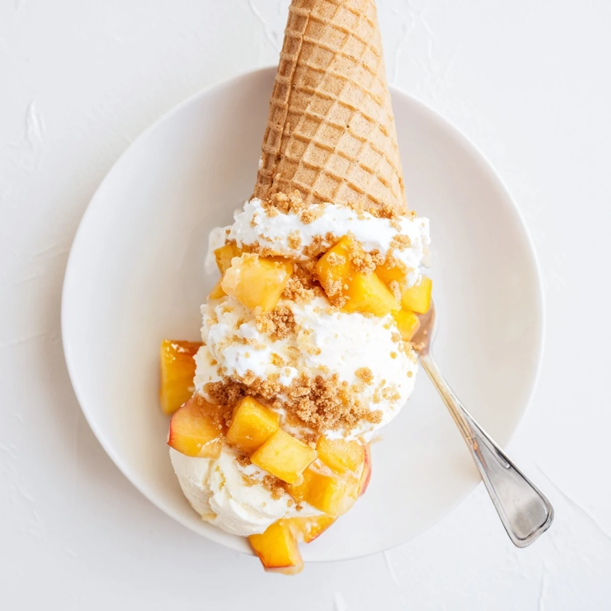 Handheld peach cobbler cheesecake cones featuring fluffy mousse and sweet glazed fruit chunks