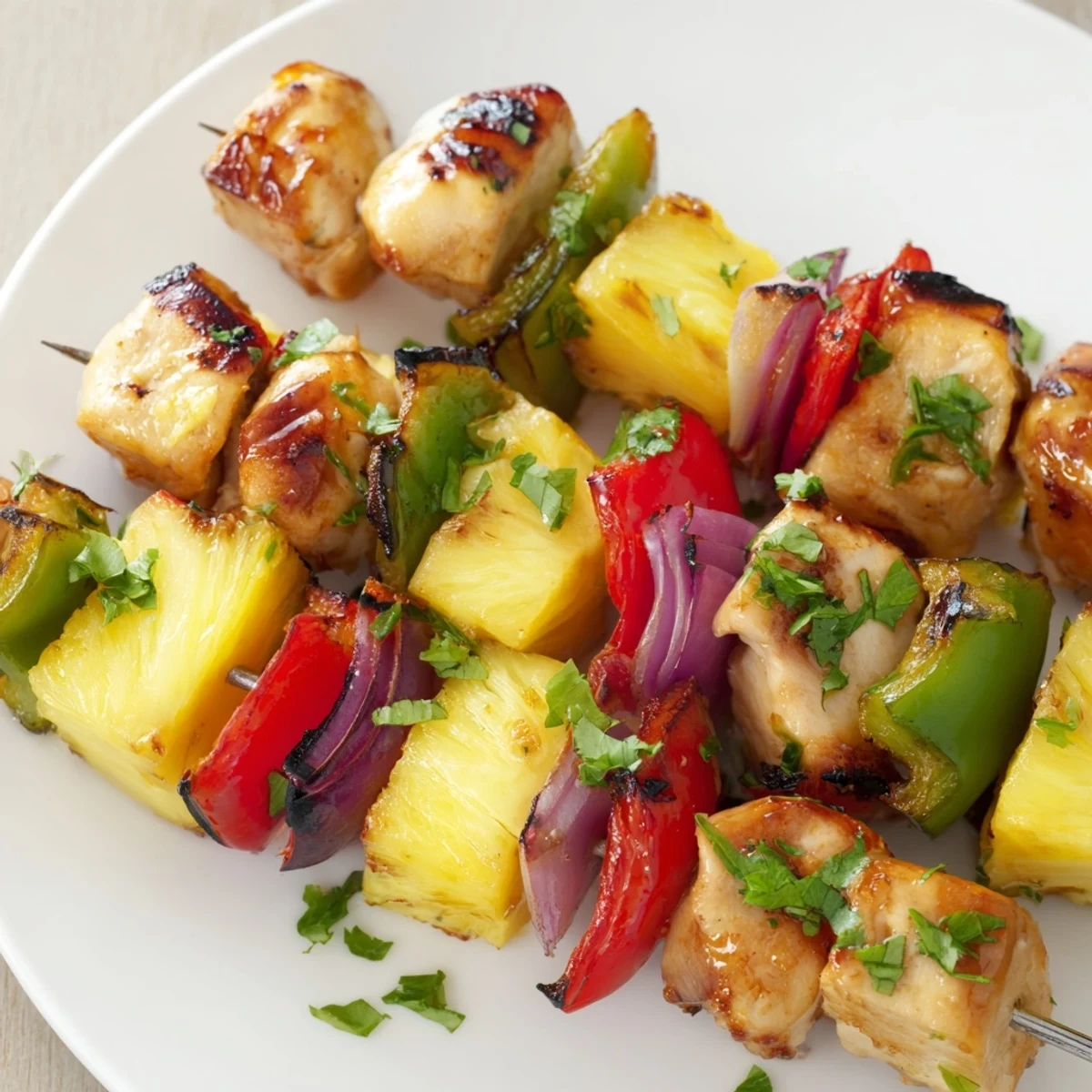 Golden grilled pineapple chicken kabobs threaded with colorful bell peppers and red onion on skewers