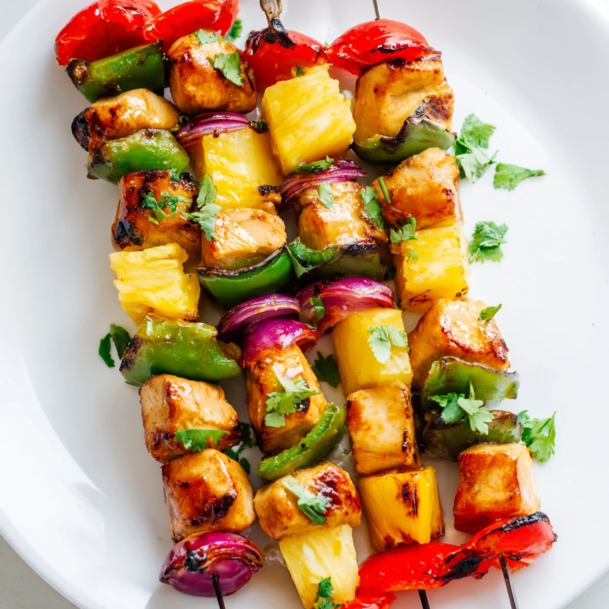 Savory glazed pineapple chicken kabobs feature charred vegetables and fresh cilantro garnish on a wooden skewer
