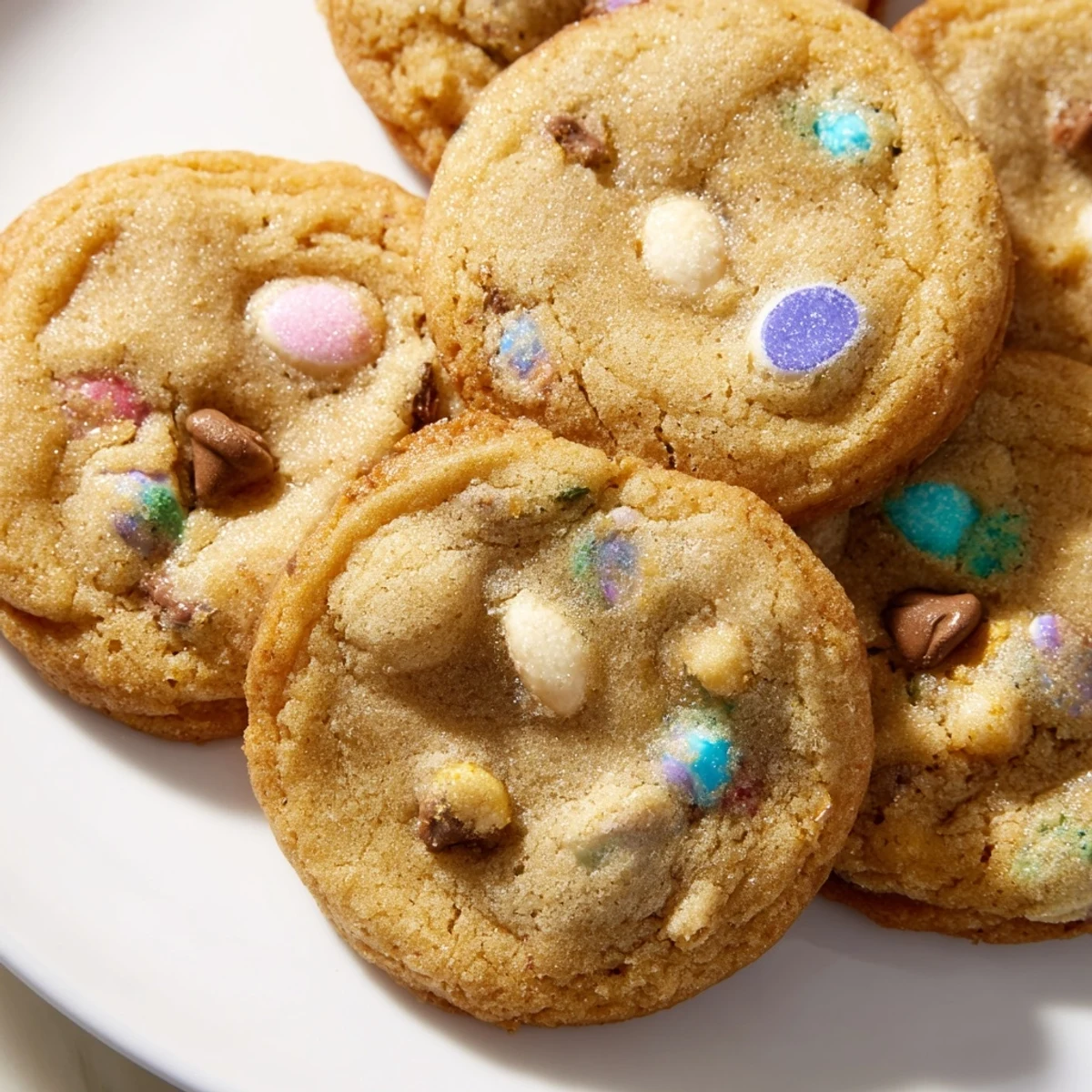 Freshly baked mini egg cookies featuring chopped chocolate candies nestled in buttery golden dough