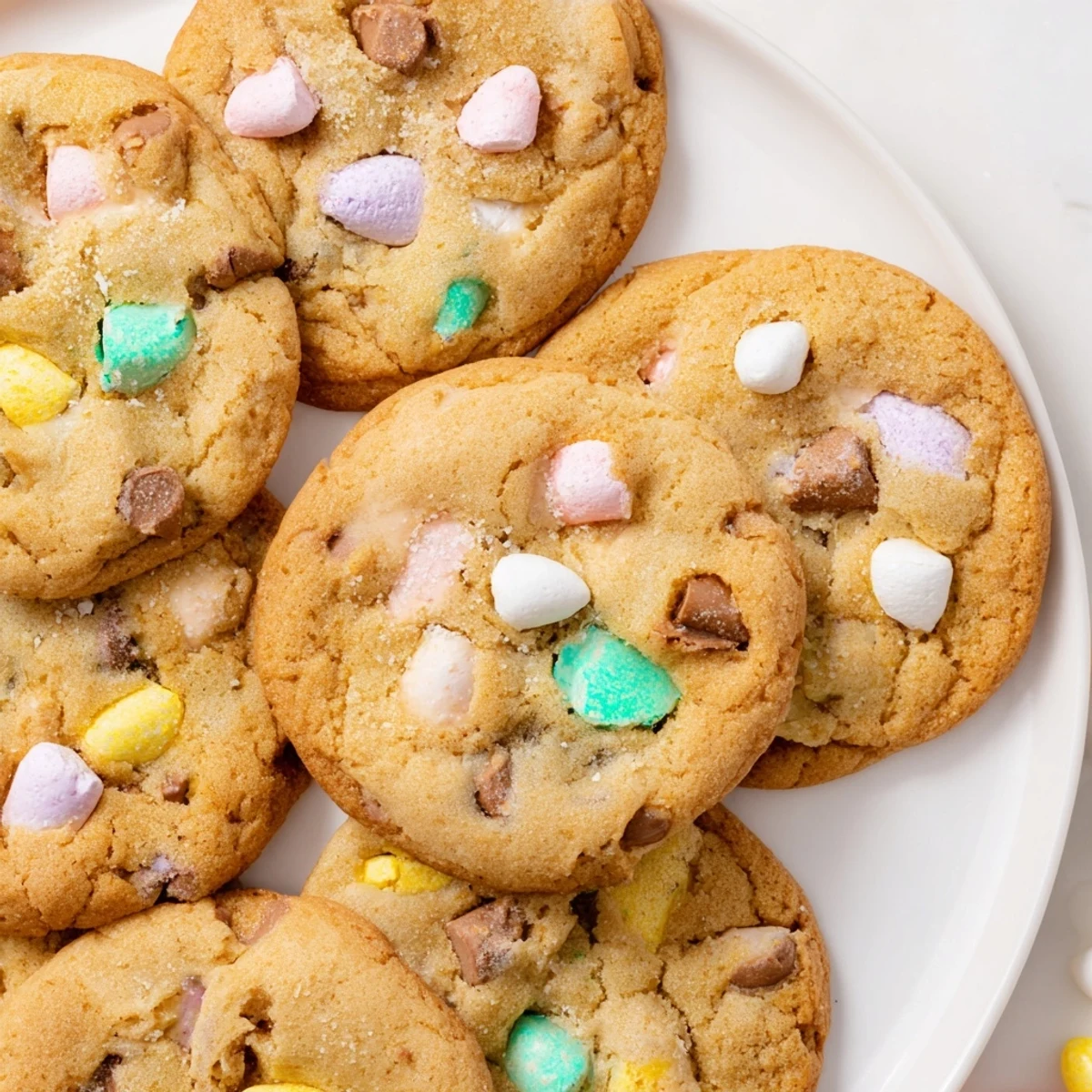 Stack of soft mini egg cookies topped with speckled chocolate eggs on a white serving plate