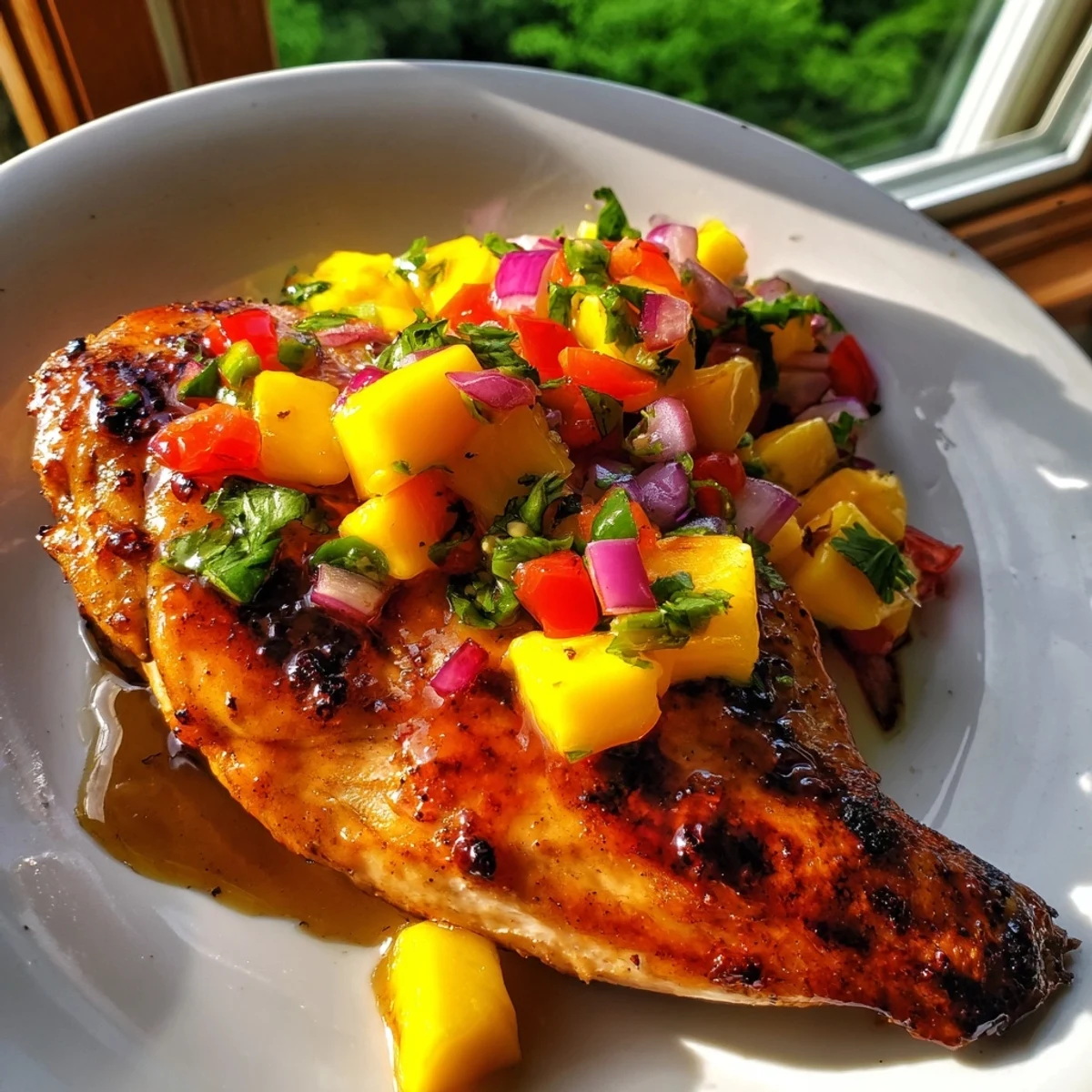 Juicy marinated chicken breasts glazed with honey lime sauce alongside bright tropical fruit salsa