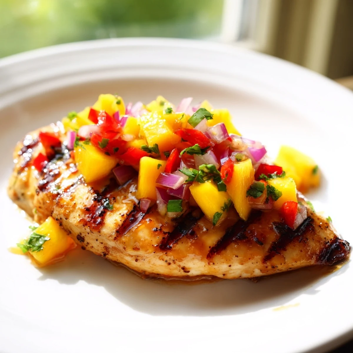Golden grilled honey lime chicken topped with colorful fresh mango salsa and lime wedges