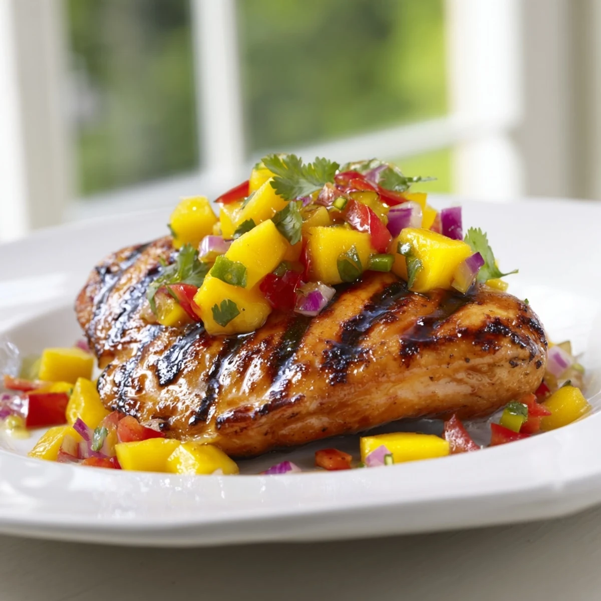 Summer dinner featuring honey lime grilled chicken garnished with zesty mango and red pepper salsa