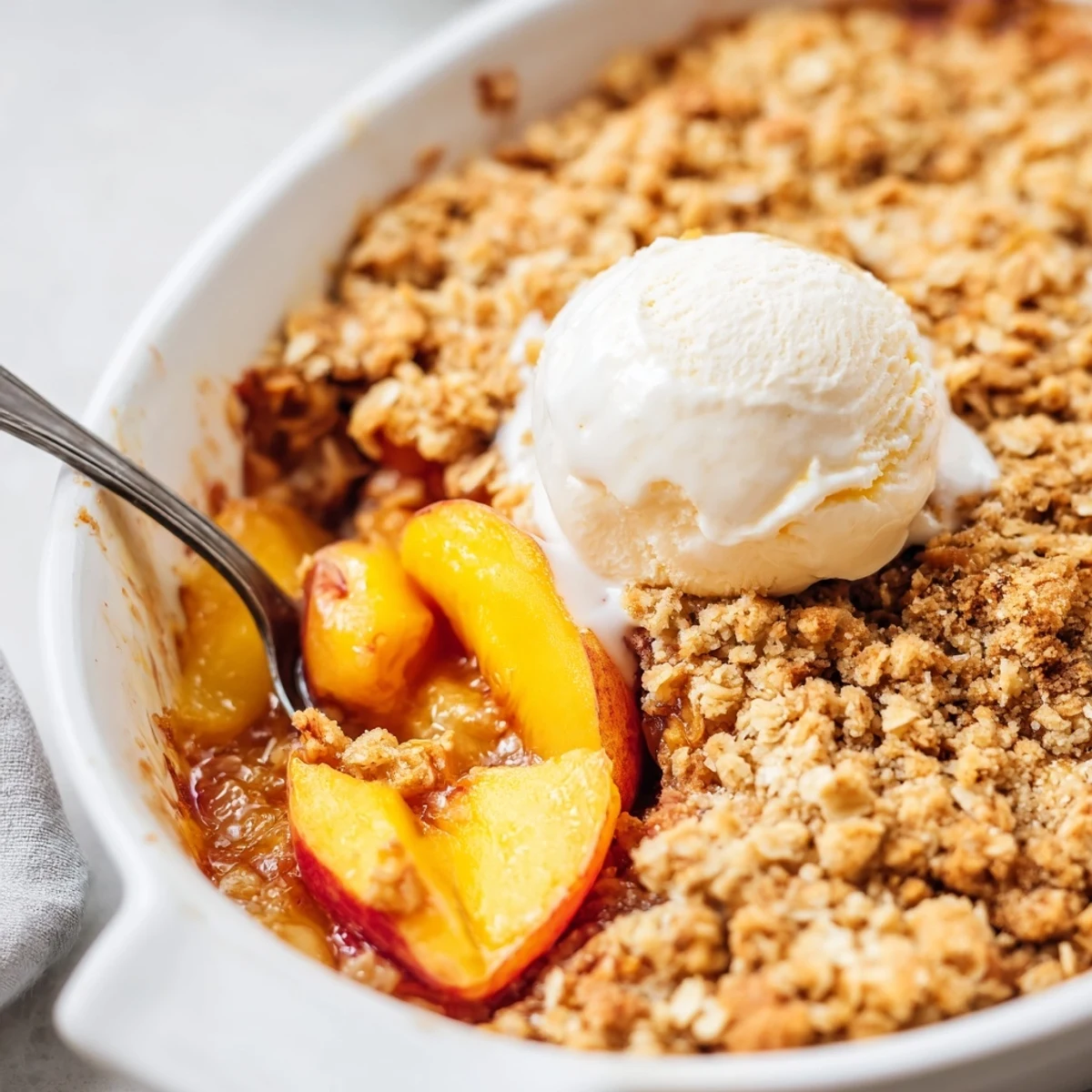 Golden brown cinnamon spiced peach crumble bubbling in a baking dish with vanilla ice cream