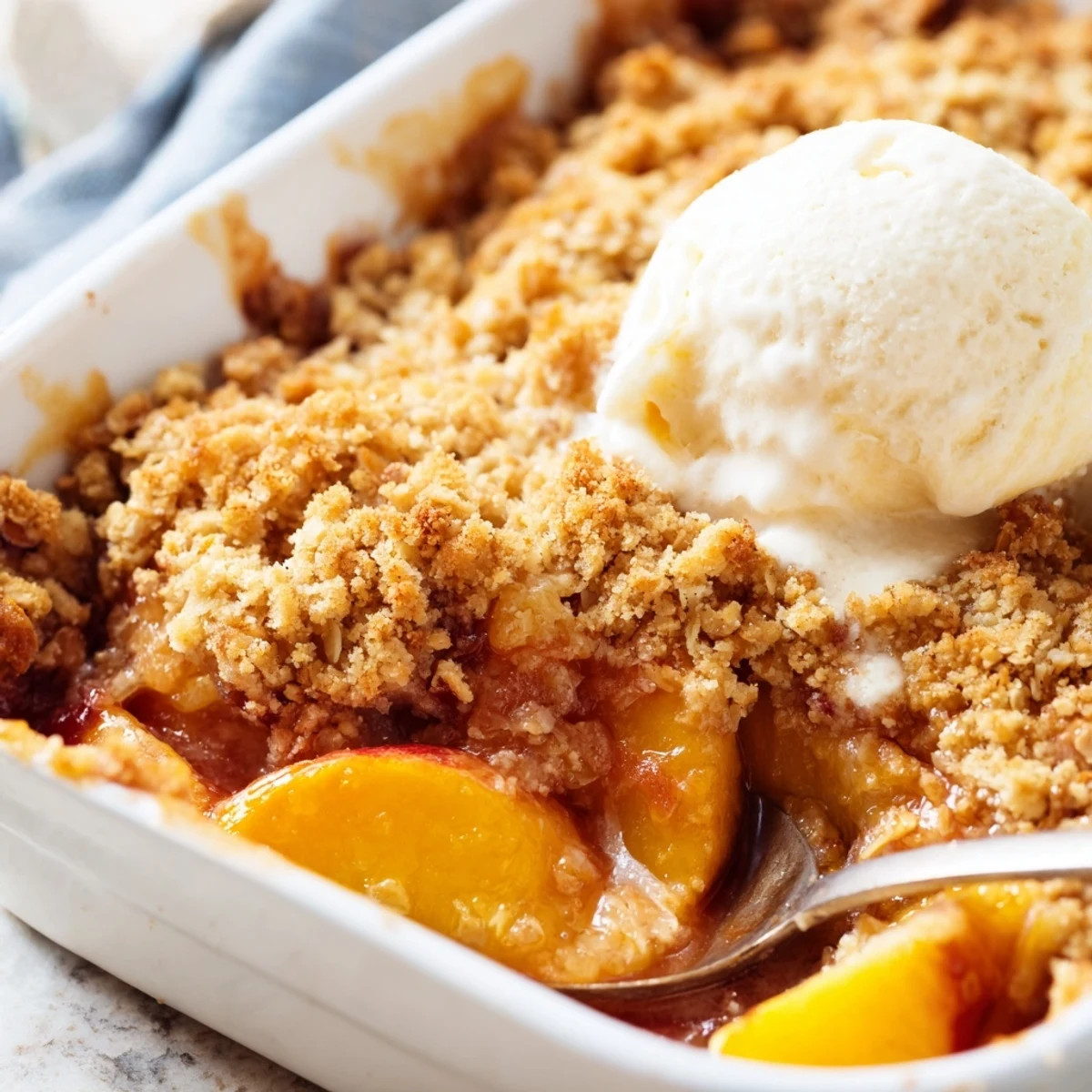 Warm baked peach crumble topped with buttery oat cinnamon crumbs and fresh peach slices