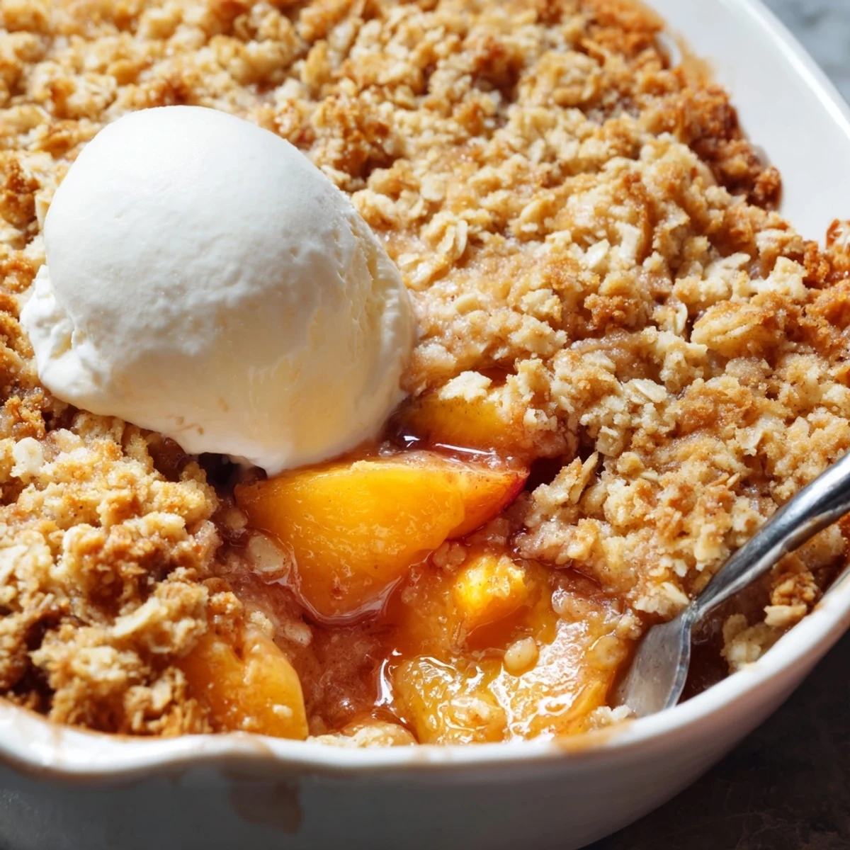 Cinnamon spiced peach crumble dessert served warm with melting vanilla ice cream and golden topping