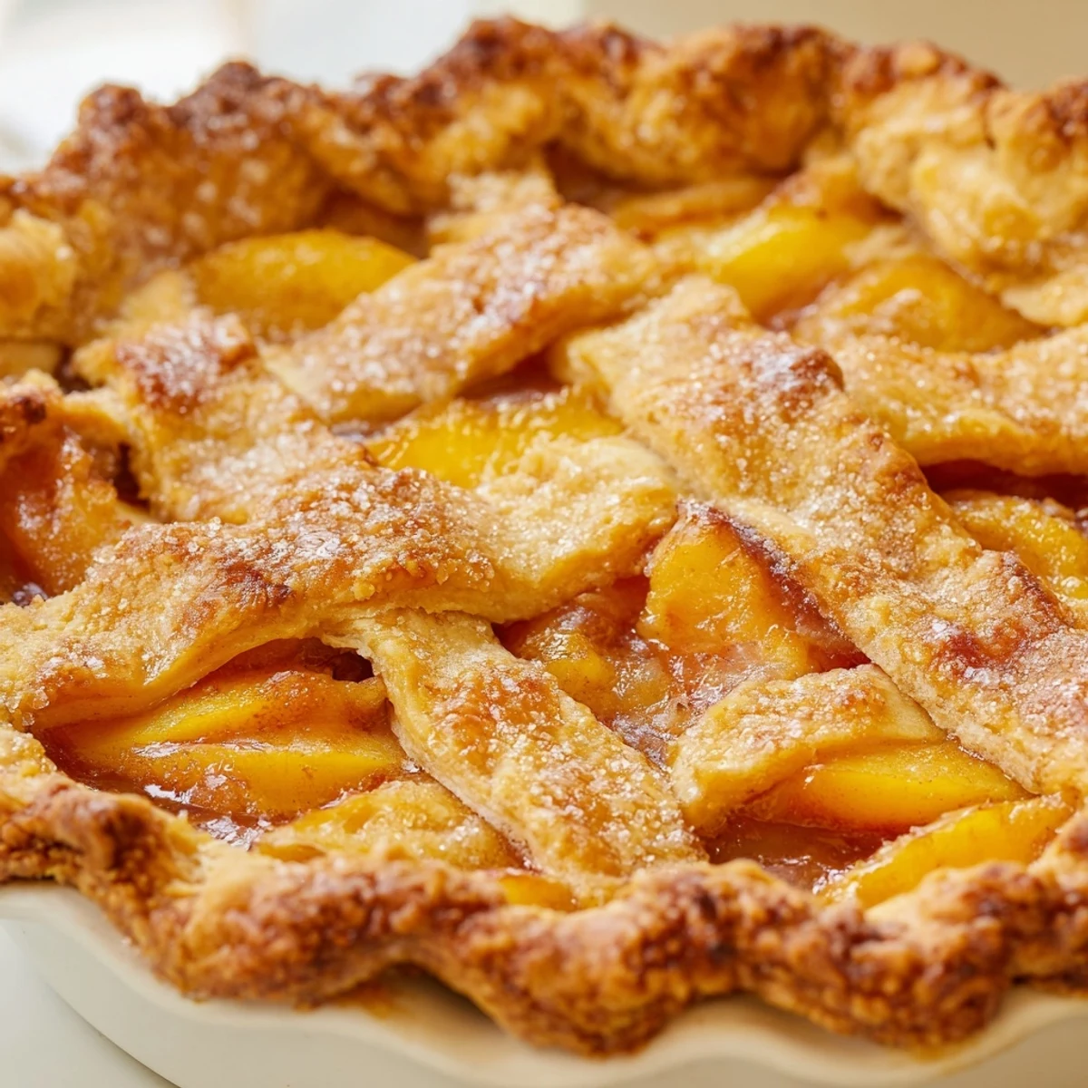 Golden Southern peach pie with bubbling fruit filling and flaky lattice crust