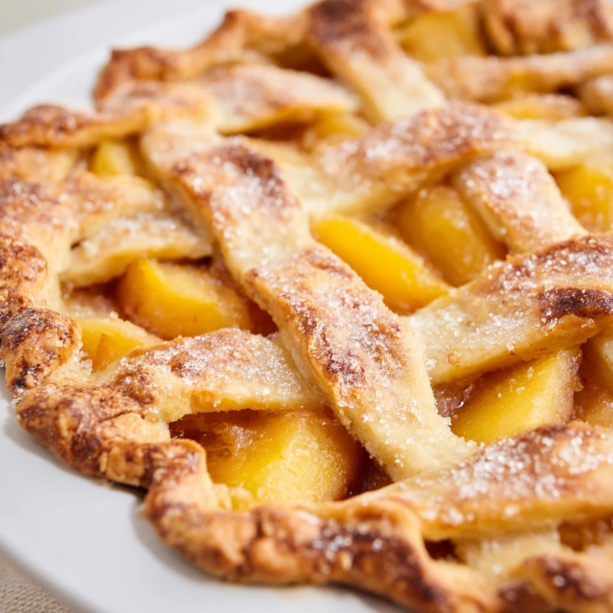 Fresh peach slices in buttery double crust sprinkled with coarse sugar and cinnamon