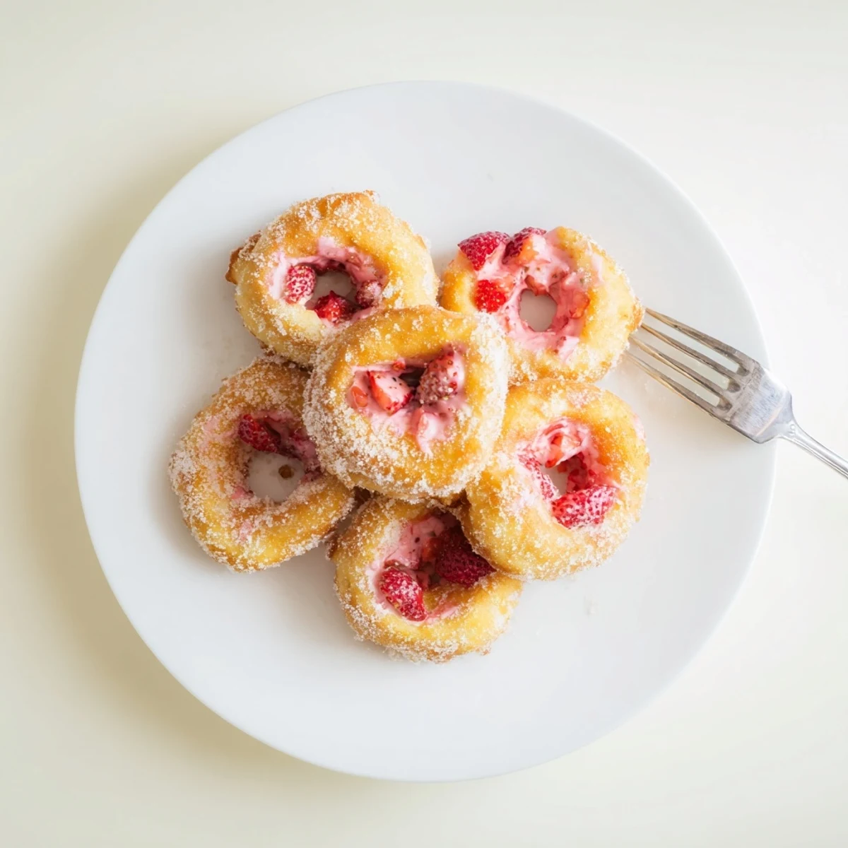 Golden strawberry cream filled doughnuts with fluffy fried dough and pink cream center