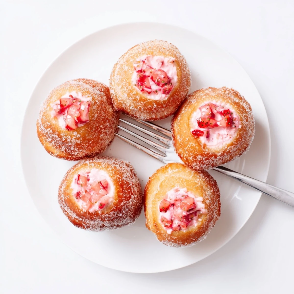 Sweet homemade strawberry cream filled doughnuts coated in sparkling white sugar crystals
