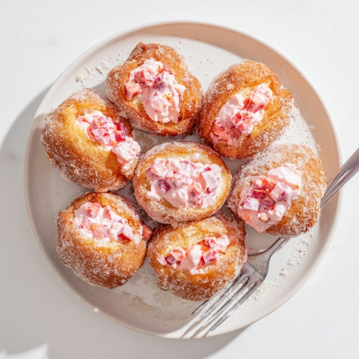 Fresh strawberry cream filled doughnuts stacked on a plate with cream oozing out
