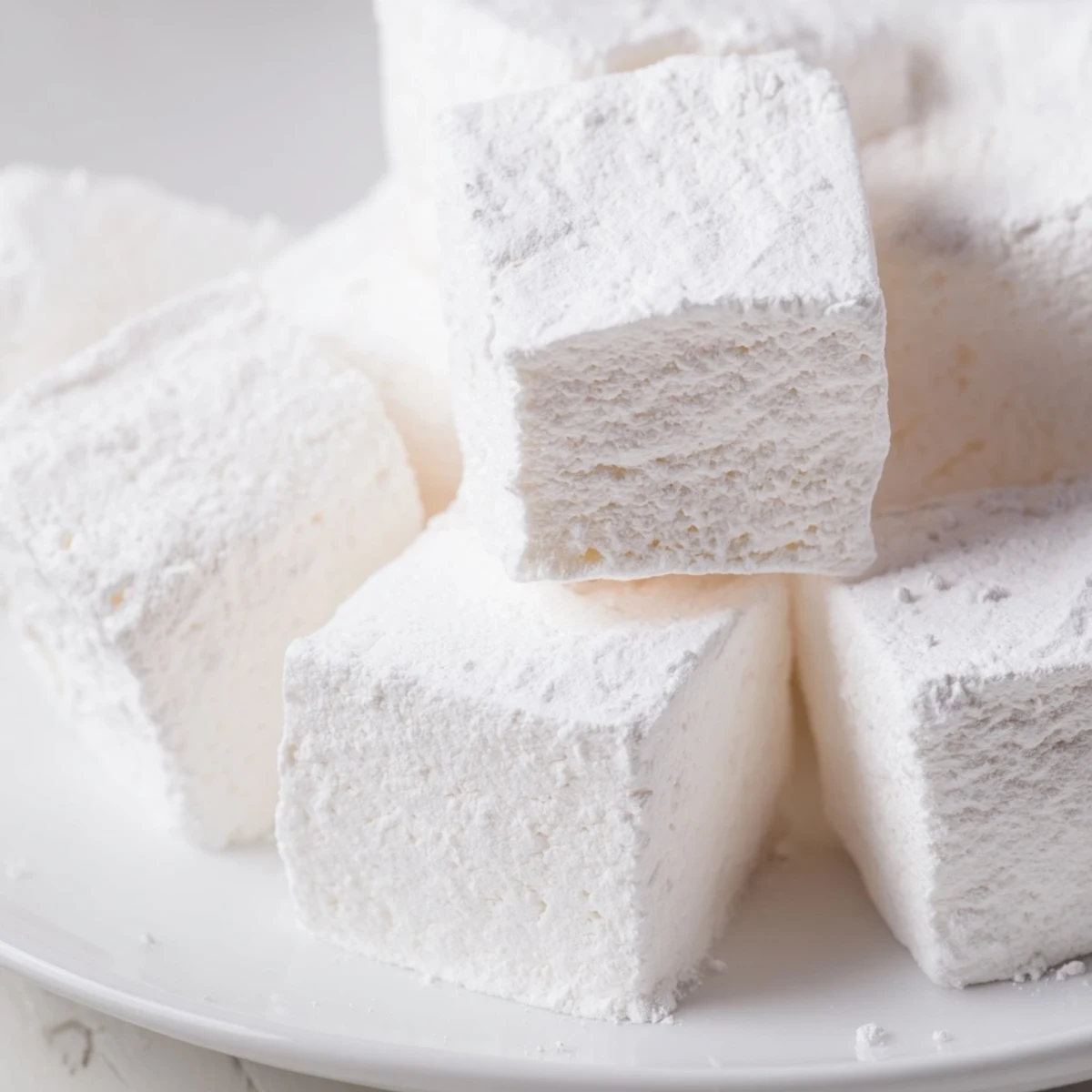 Fluffy white homemade marshmallows dusted with powdered sugar arranged in neat squares