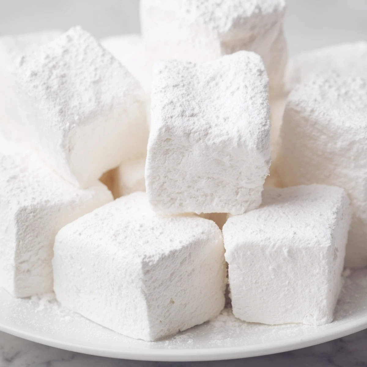 White vanilla homemade marshmallows piled high on a wooden cutting board