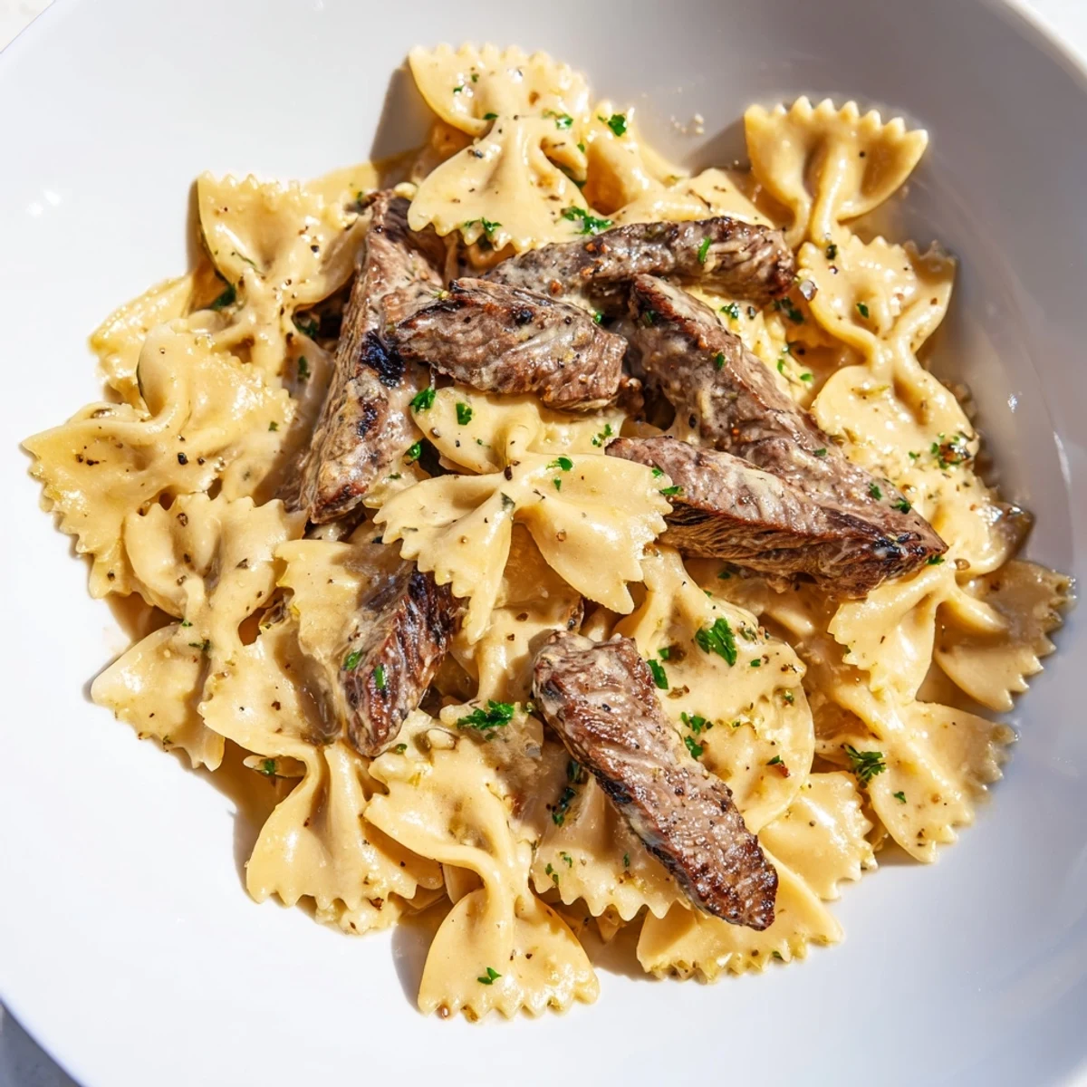 Creamy Cajun Alfredo bowties pasta topped with seasoned beef slices and parsley garnish