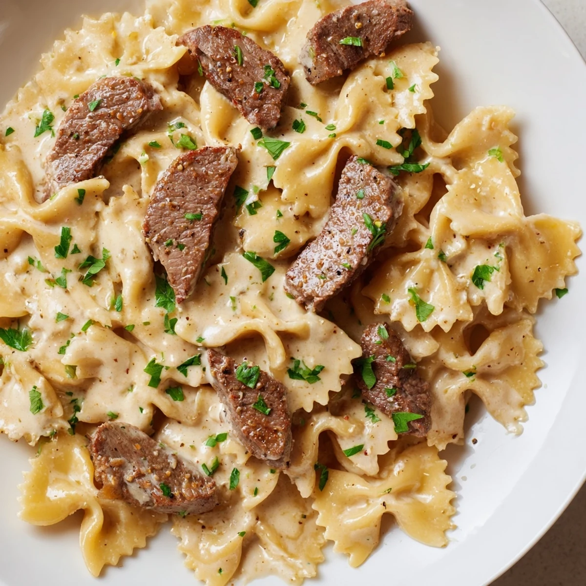 Zesty Cajun cream cheese Alfredo pasta dish with savory spiced beef on white plate